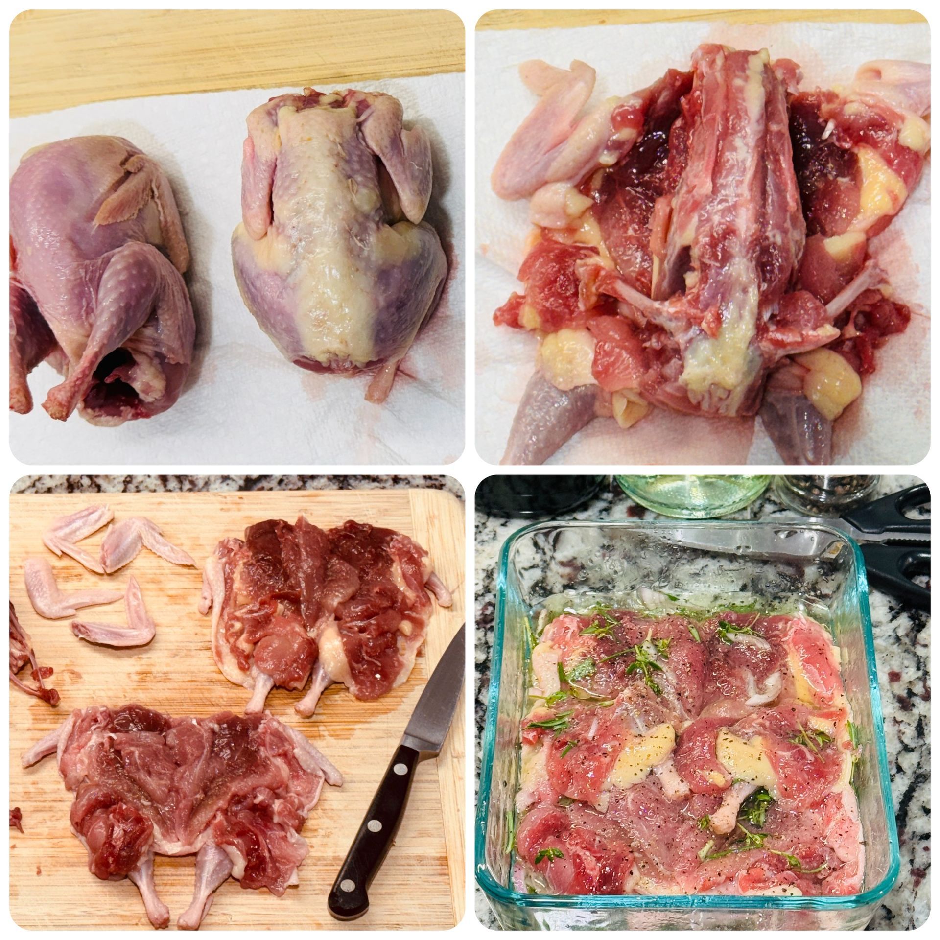 Boning technique for semi boneless quail.