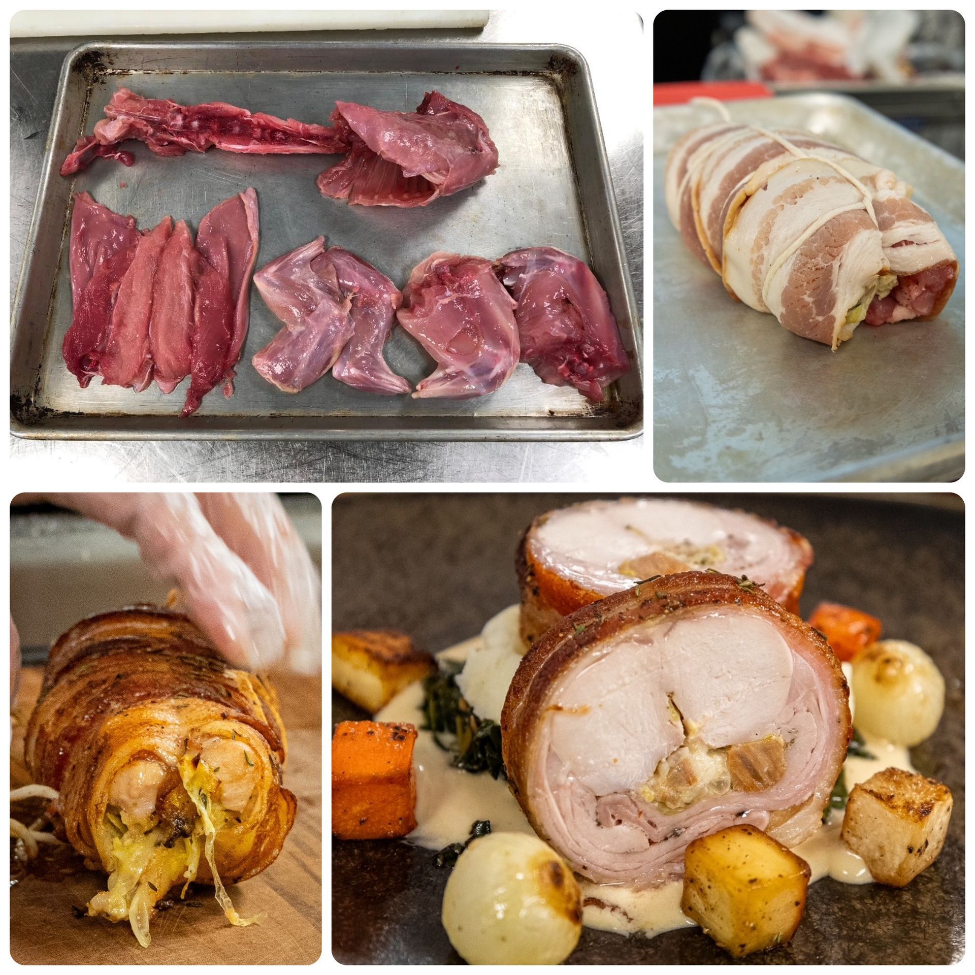 Steps to break down a whole rabbit for use in a stuffed boneless rabbit saddle.