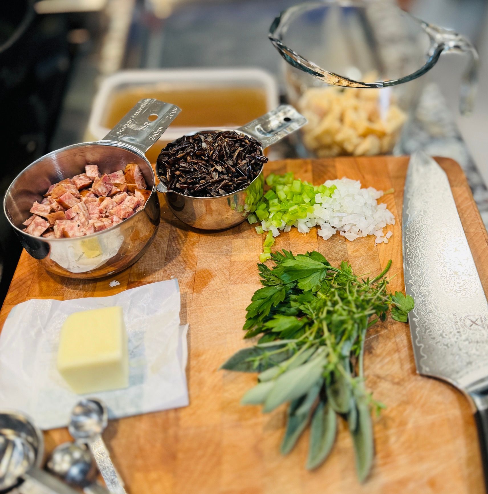Ingredients for andouille sausage wild rice stuffing.