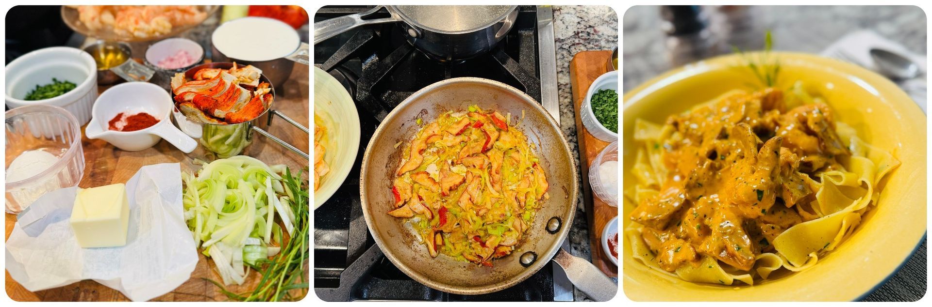 Steps for making Shrimp Style Newburg with Lobster mushrooms and Leeks.