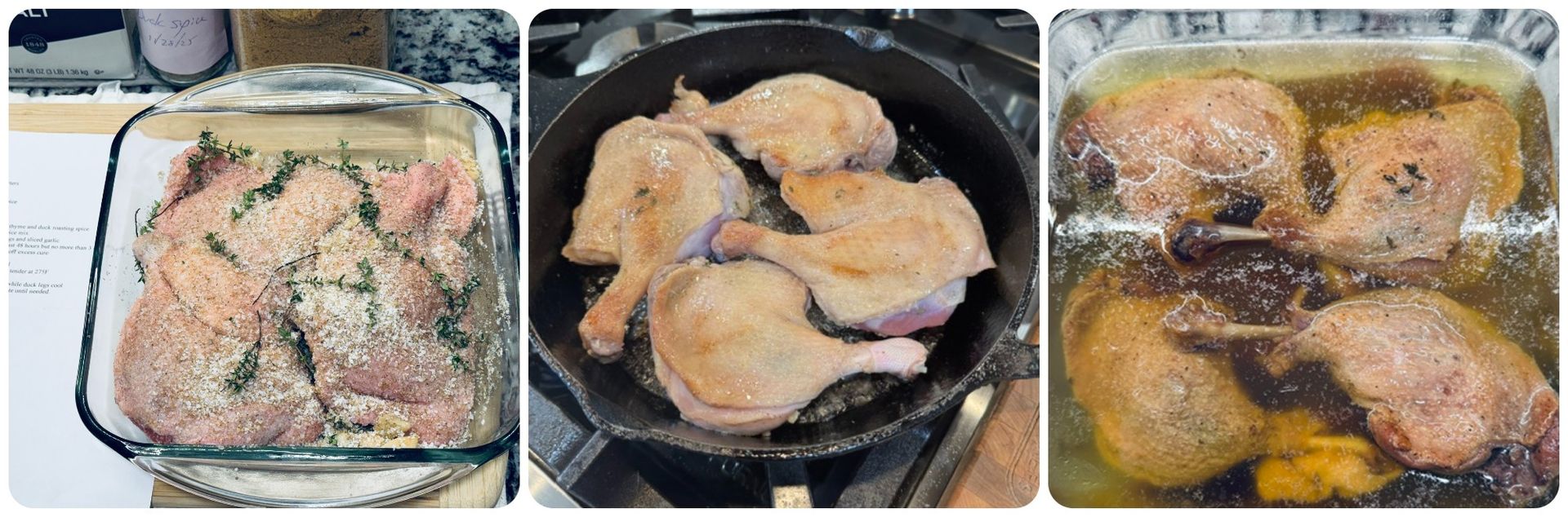 Steps for preparing duck confit.