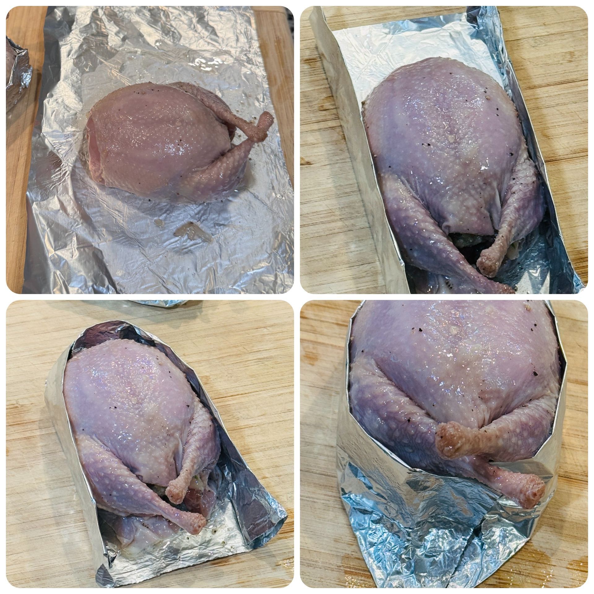 Preparing a stuffed quail into a foil box/tray prior to baking.