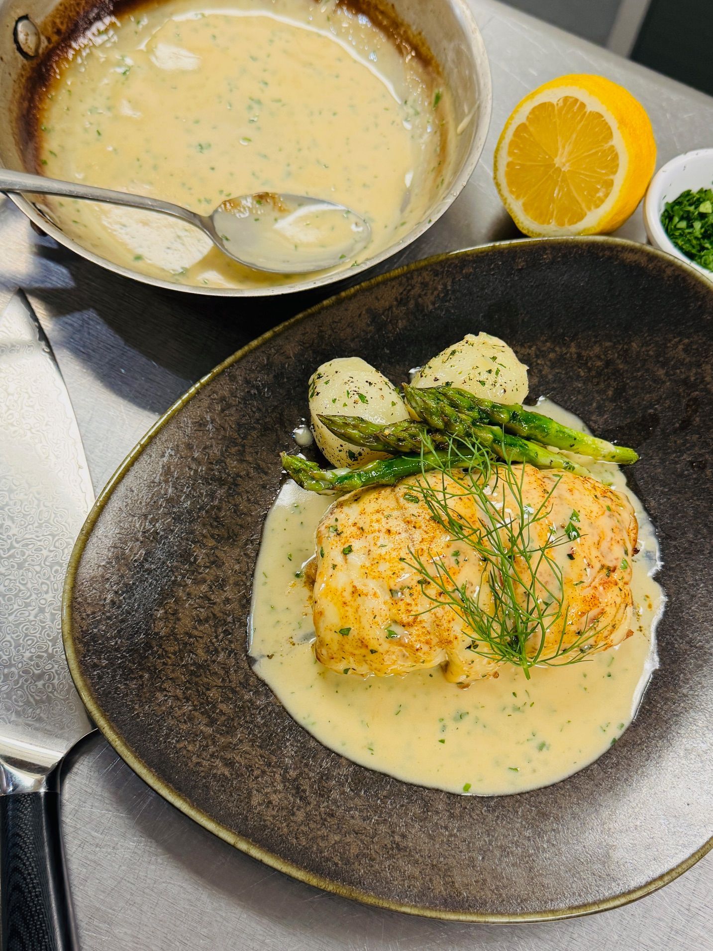 Stuffed Bronzino with shrimp and scallops