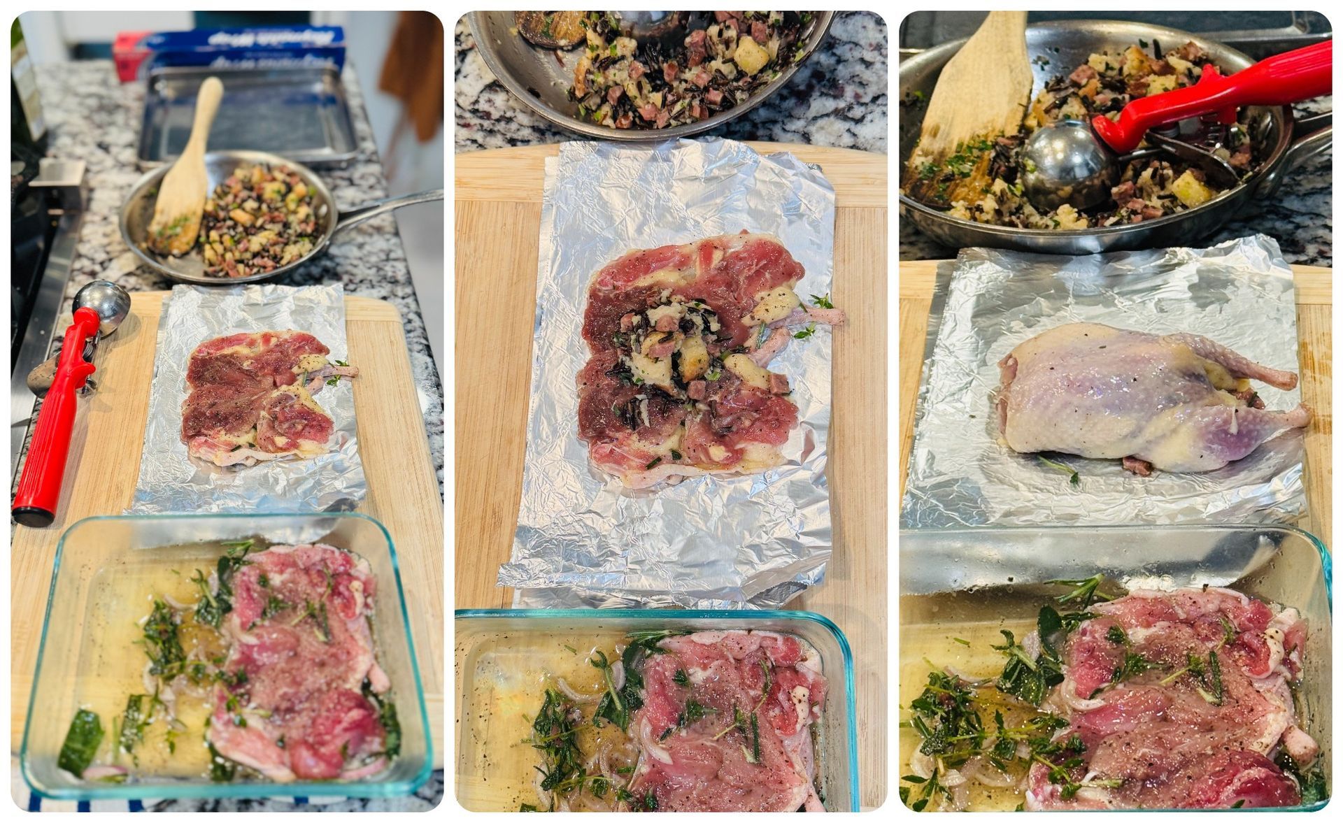 Filling the quail with andouille and wild rice stuffing.