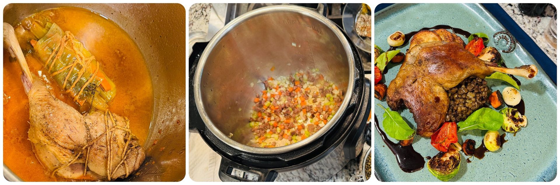 Steps for slow cooking a Goose leg with French green lentils.
