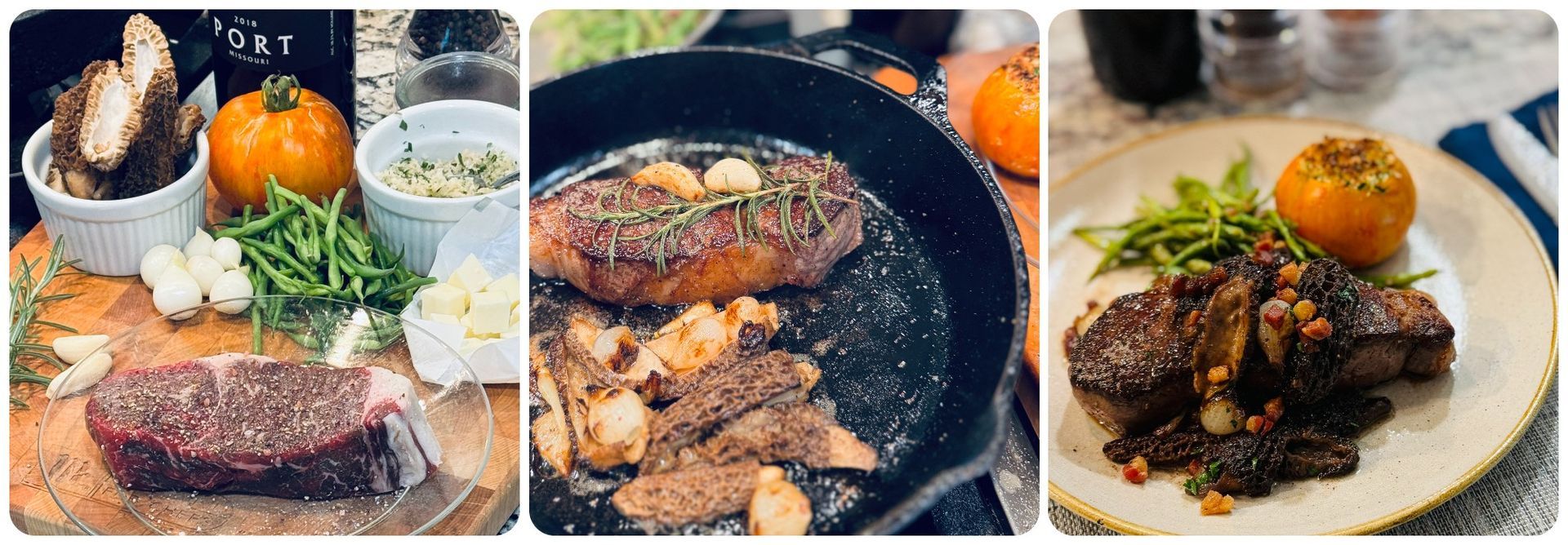 Cast iron pan seared dry aged strip steal with morel mushrooms