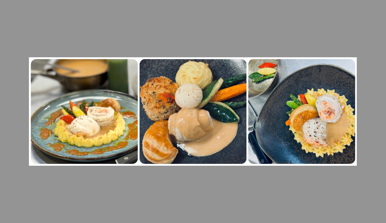 Three alternant ways to plate sole with lobster sauce and Duchess potatoes. 