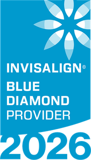 Invisalign Blue Diamond Provider 2026 badge on a blue background with a white flower-like logo