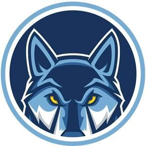 A blue wolf with yellow eyes is in a circle.