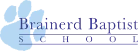 A logo for brainerd baptist school with a paw print