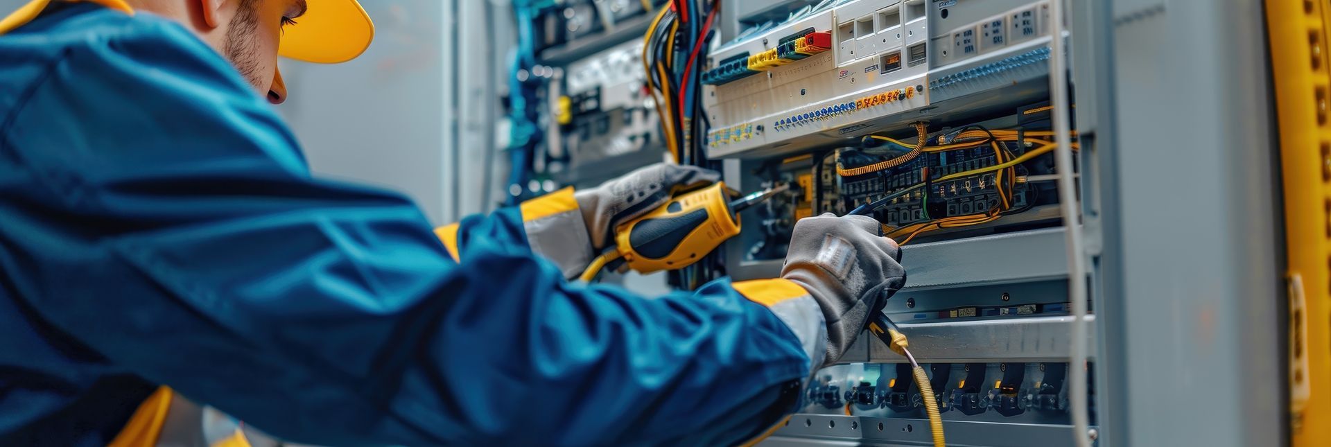 An electrician is working on an electrical box.