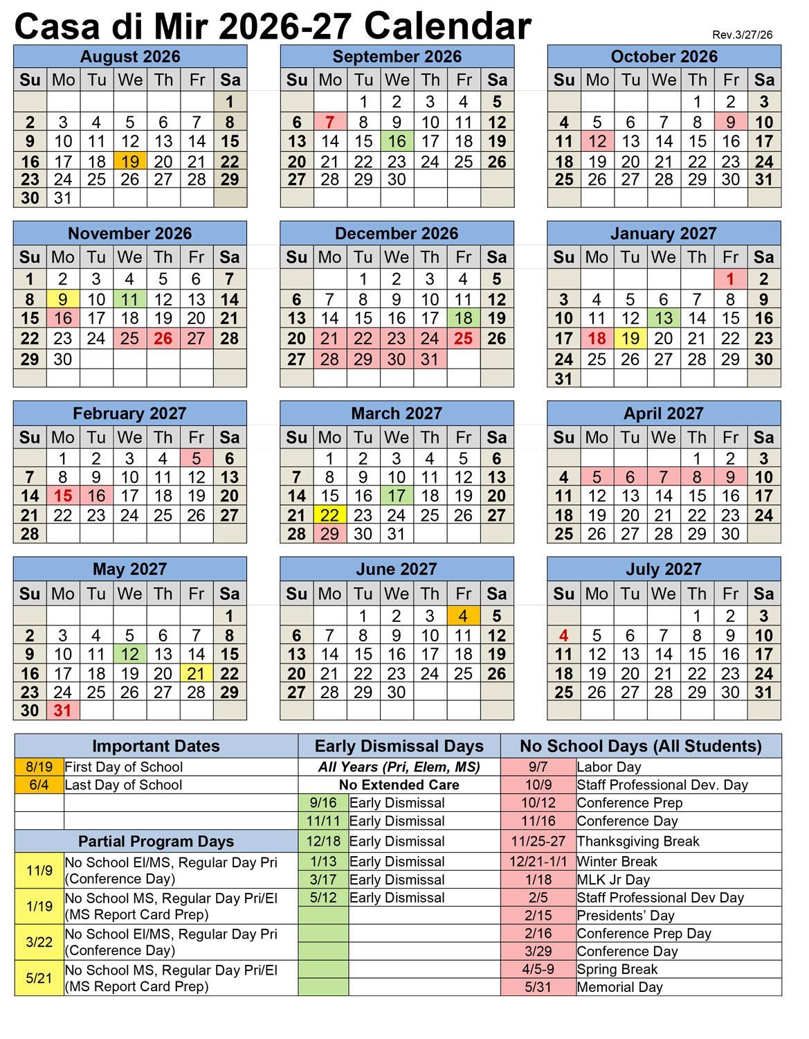 2026 - 2027 school calendar