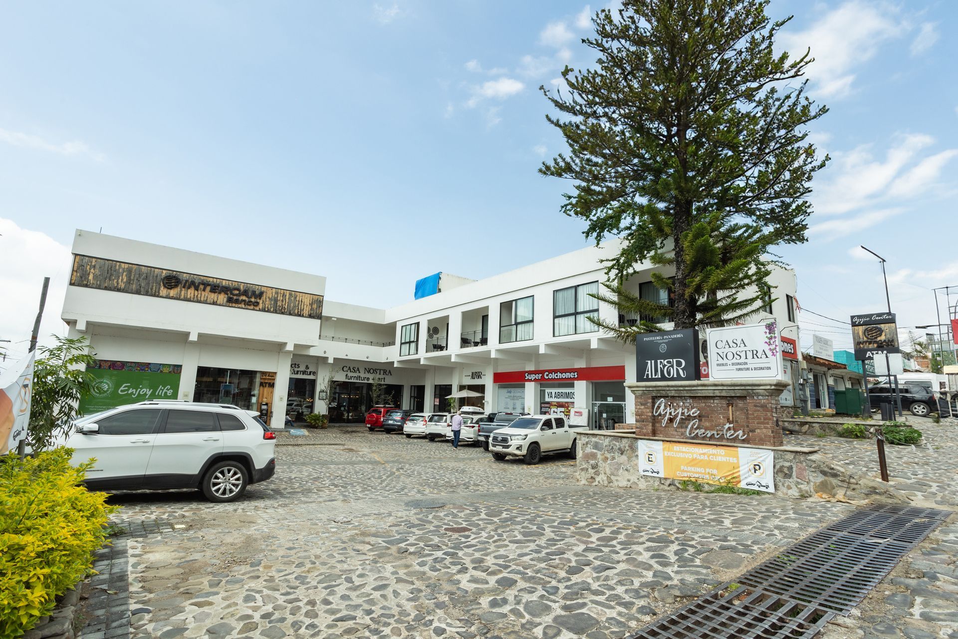 Pequeña plaza empedrada con un edificio blanco, coches aparcados y un árbol alto bajo un cielo azul.
