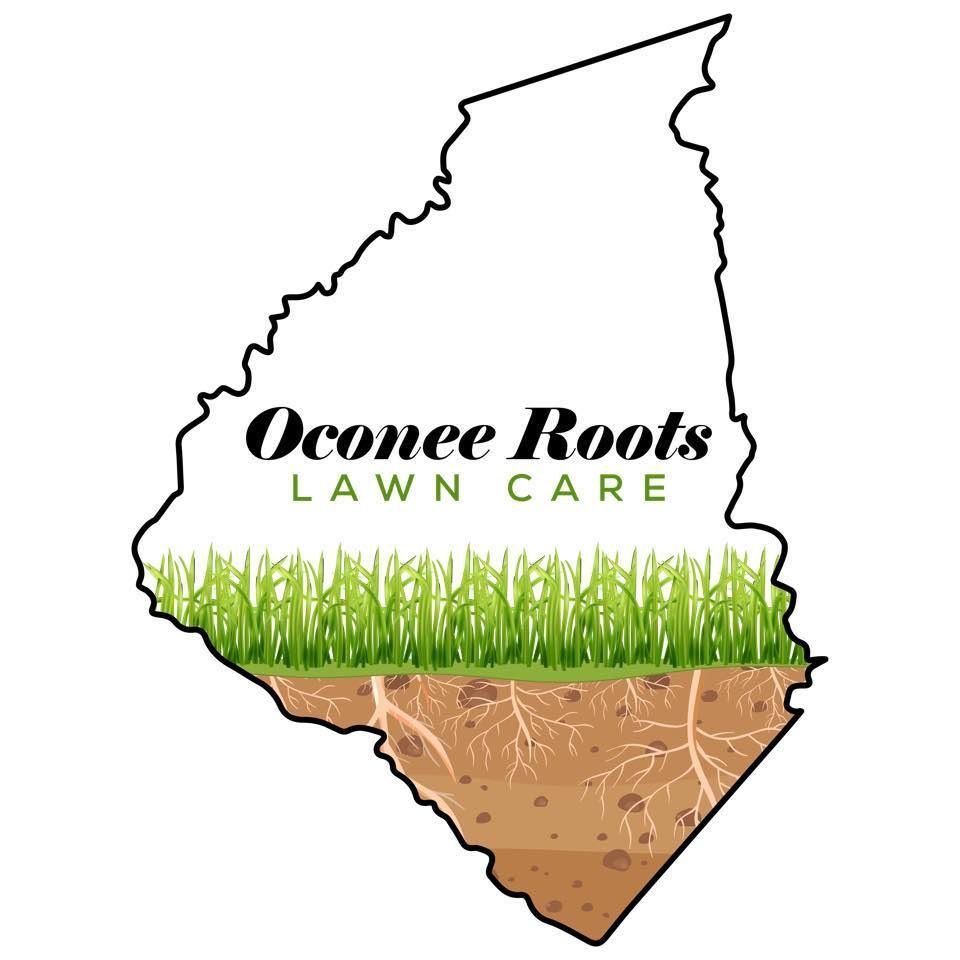 Oconee Roots Lawn Care logo in an outline of Georgia with green grass and soil cross-section