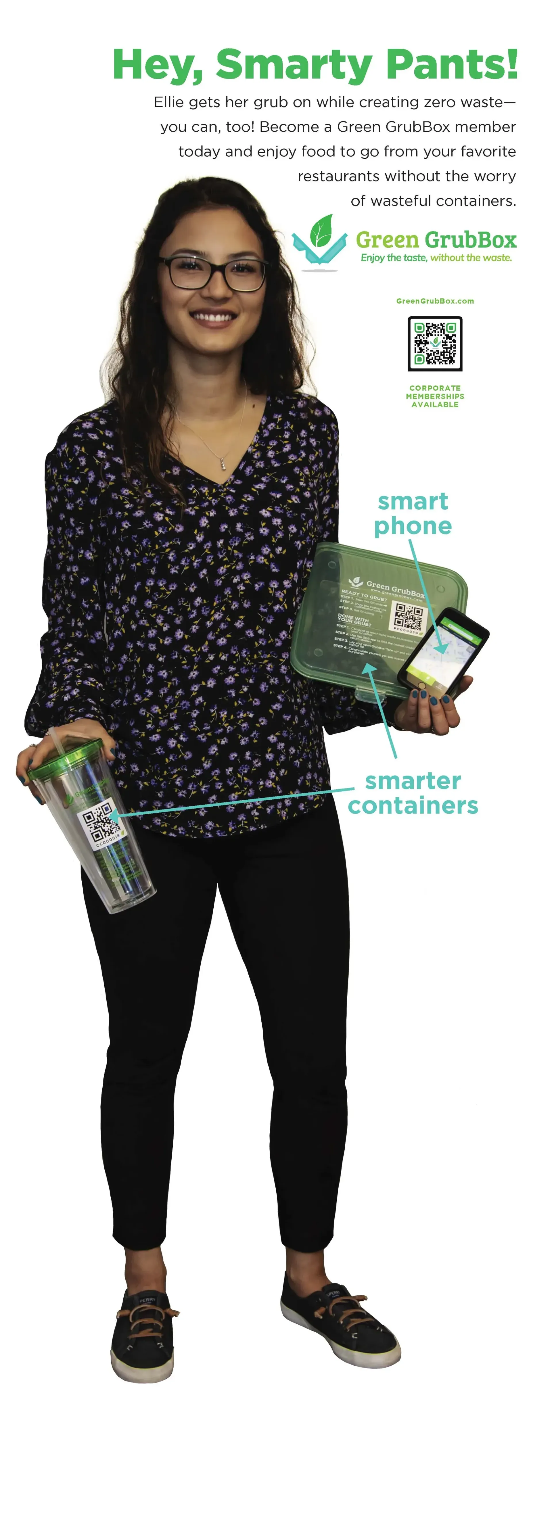 Woman in black floral top holding two reusable cups, standing beside a green plant-themed poster.