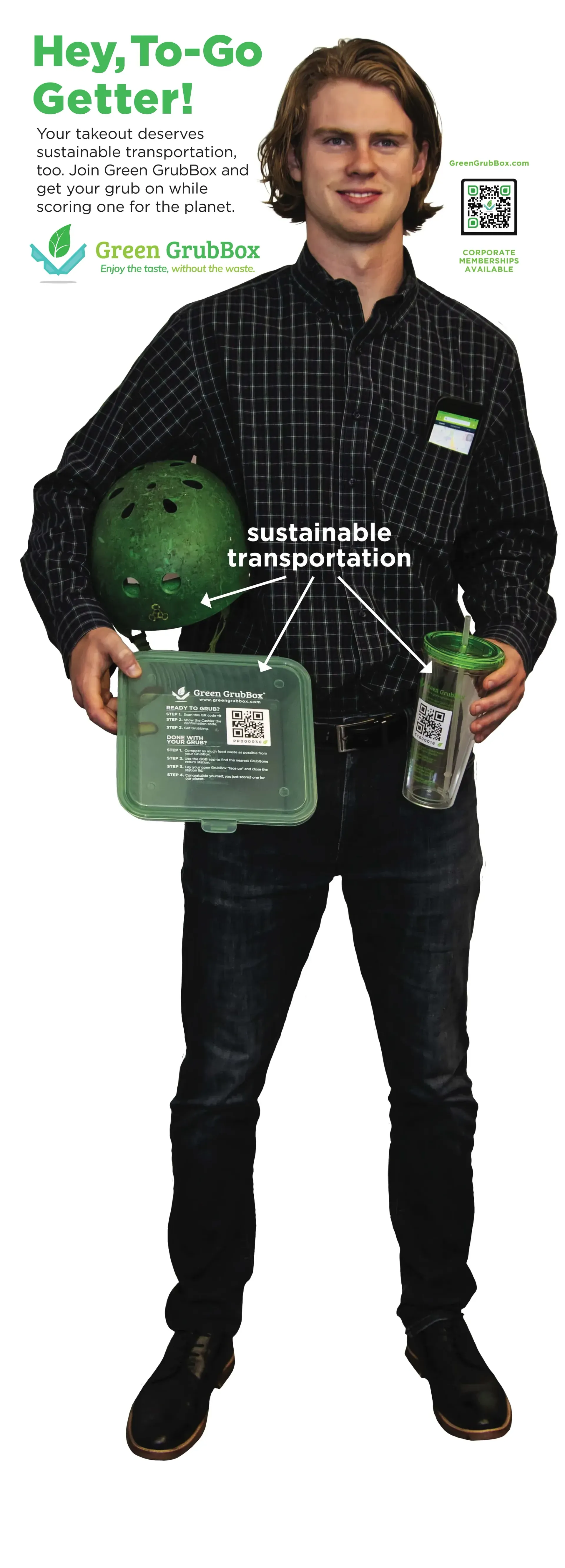 Man holding a green tote bag and bottle, standing beside eco-friendly text on a white background