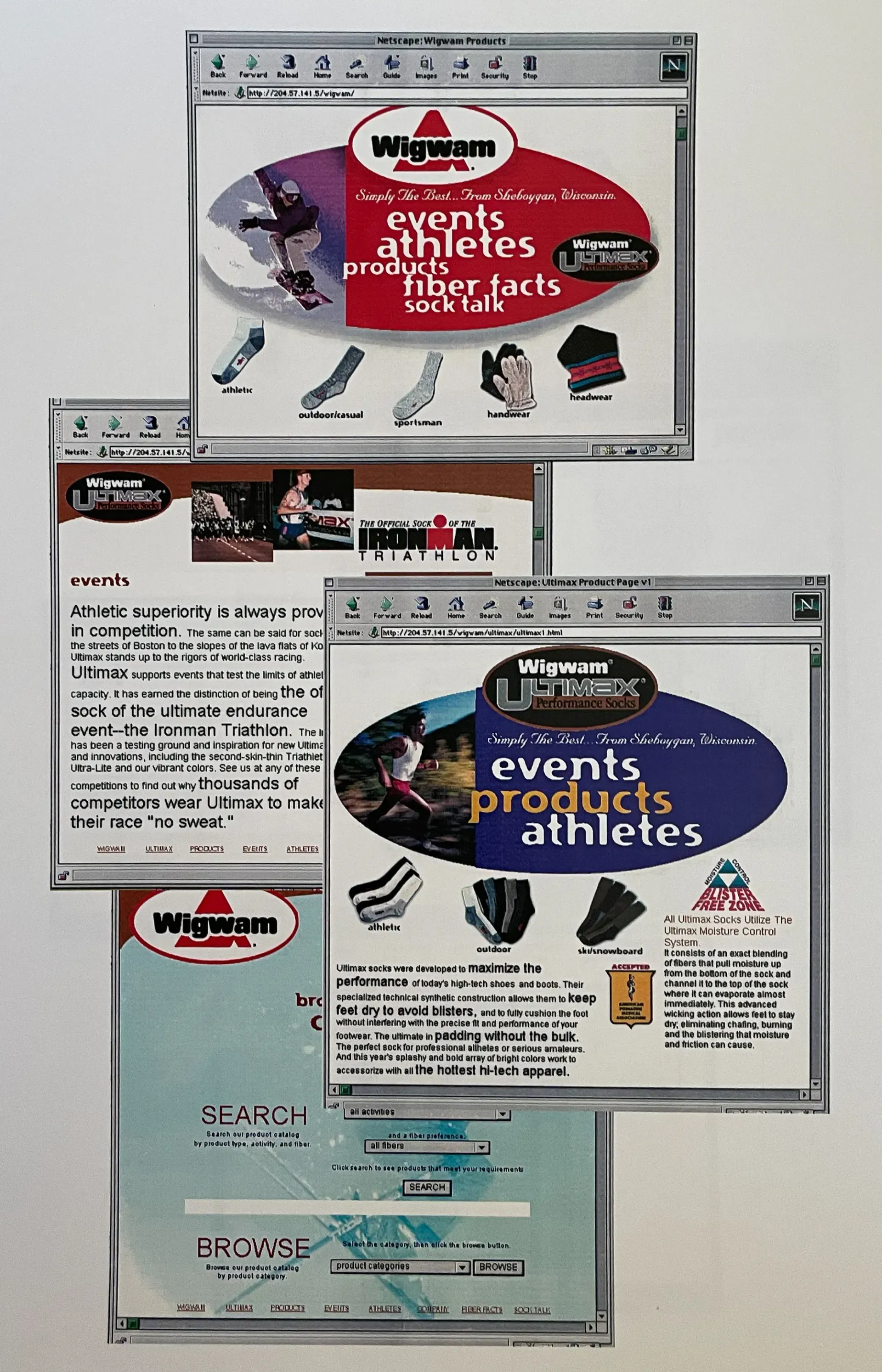 Stack of web page mockups with oval logos, small text blocks, and a red-and-blue color scheme