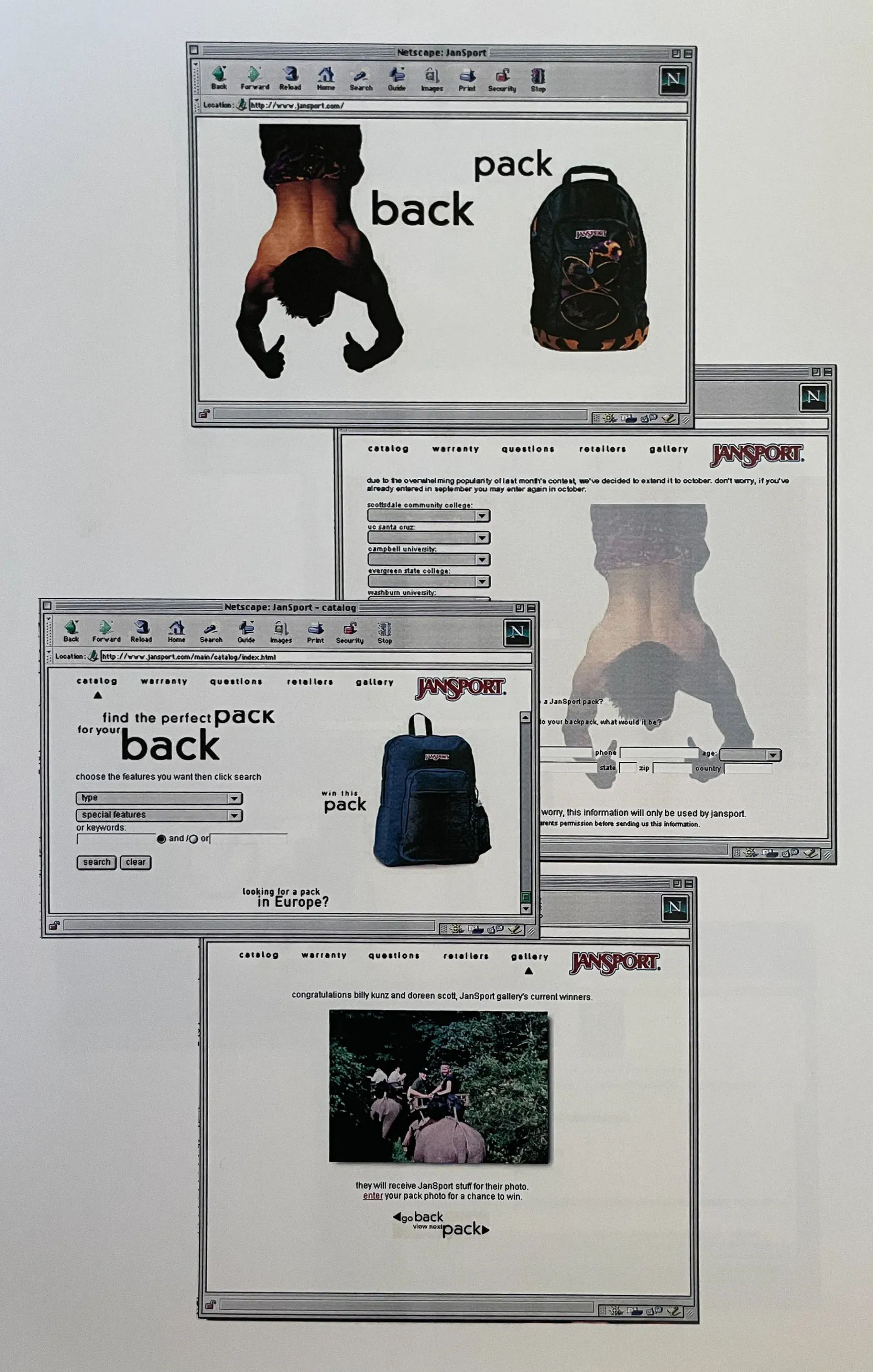 Stacked browser windows showing a clothing catalog with jackets, backpacks, and a small photo of people