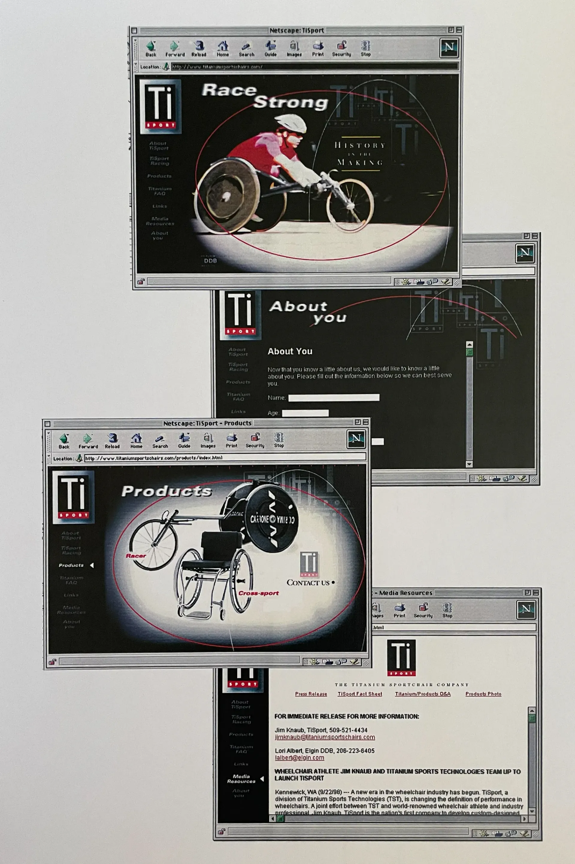 Stack of four overlapping software windows with vintage black-and-white interface screenshots