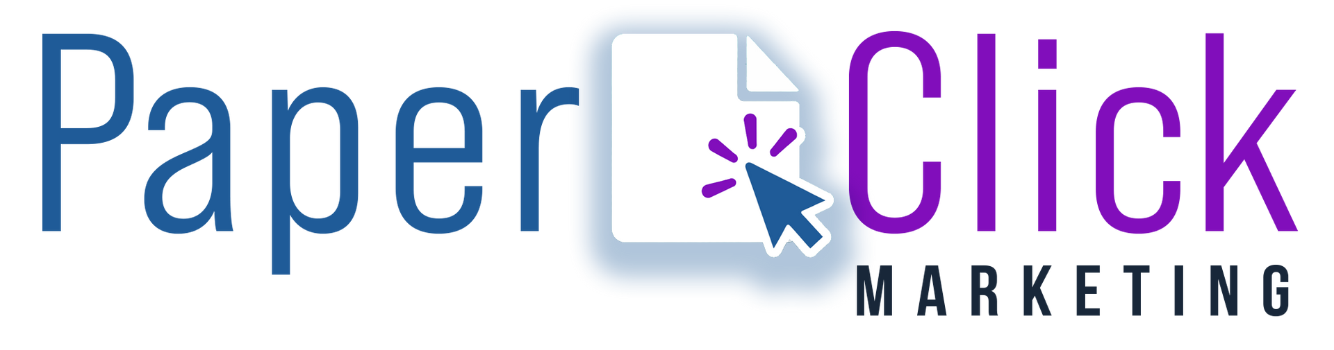 PaperClick Marketing logo with blue and purple text and a paper icon with cursor