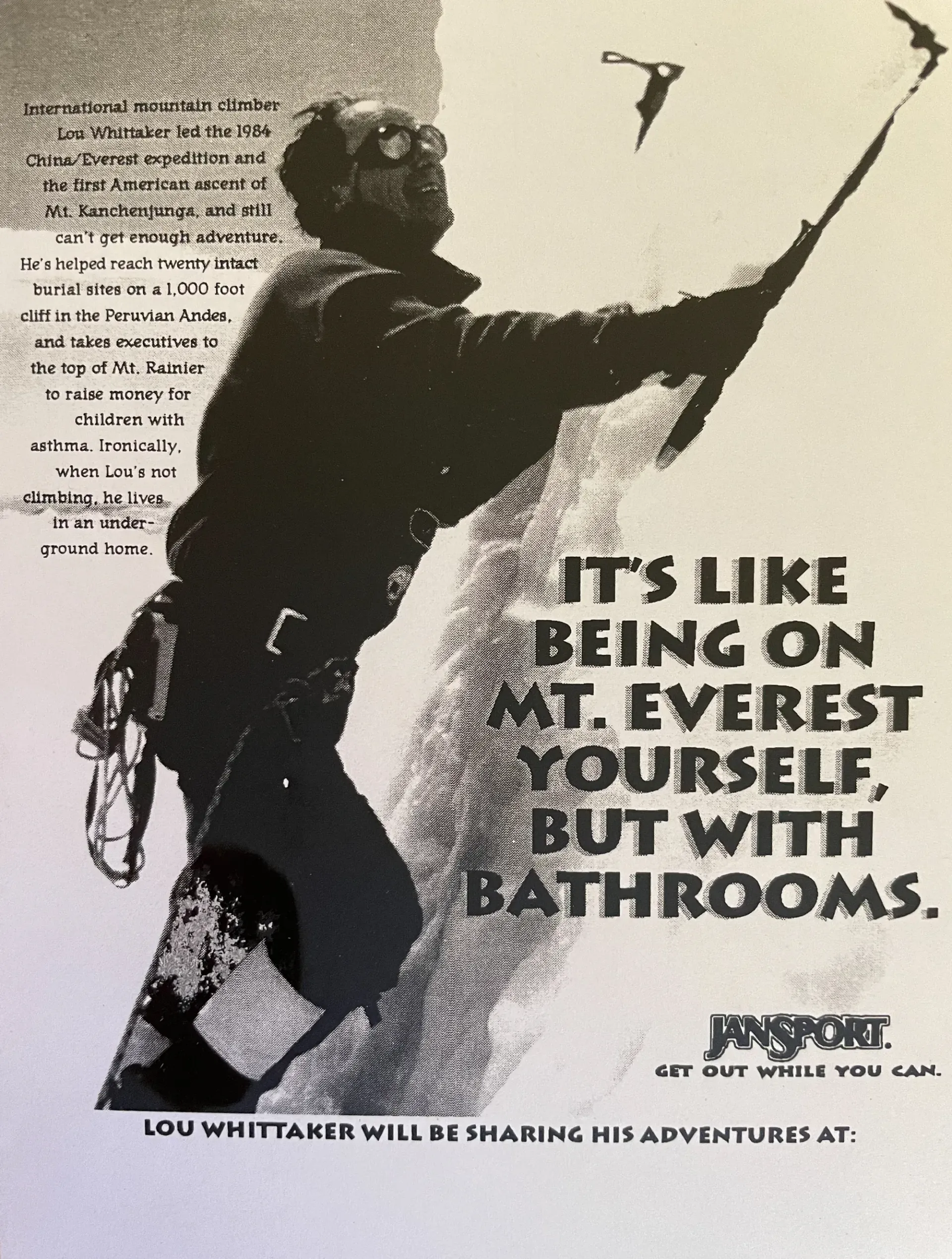 Climber silhouetted on a rock wall with chalk bag and rope, beside text: “It’s like being on Mt. Everest yourself, but with bathrooms.”