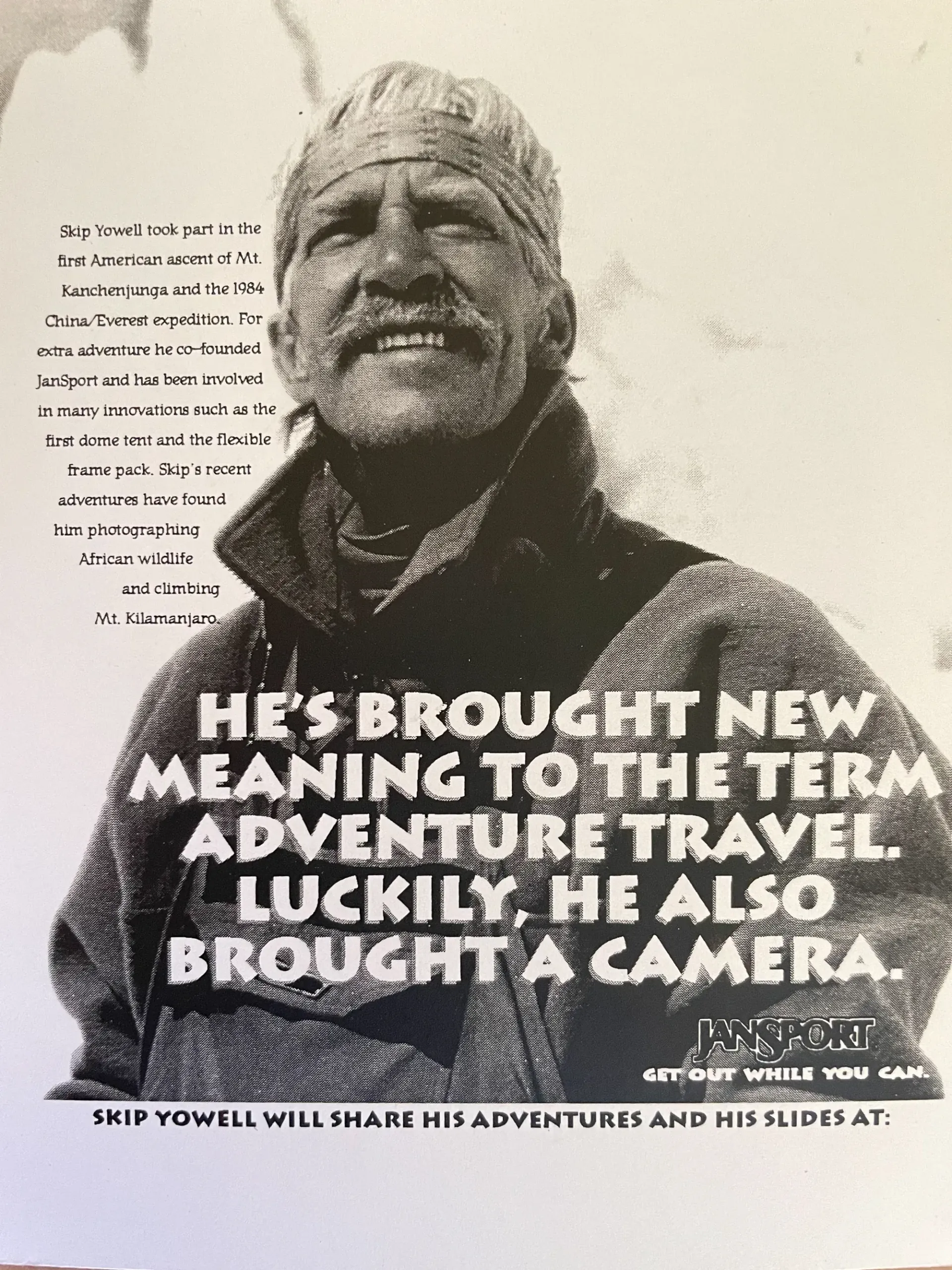 Portrait poster with a smiling traveler and bold text about bringing a camera on adventure travel.
