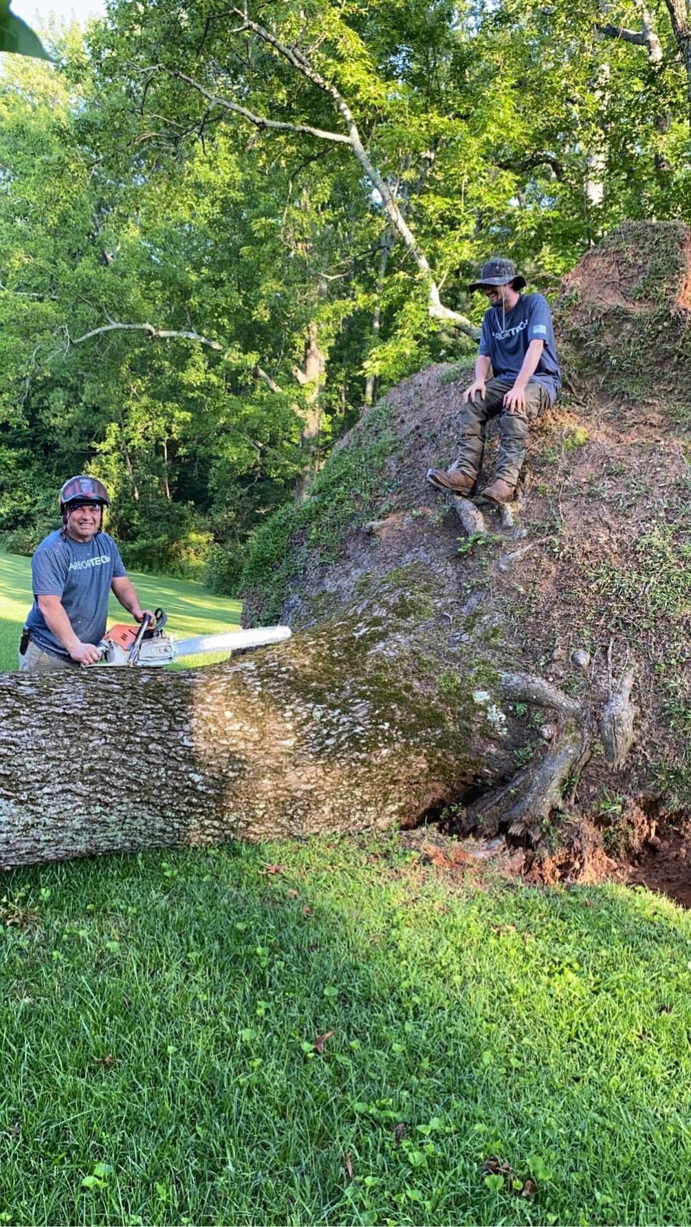 Two people in a green yard, one seated on a large fallen tree and one climbing on its roots.