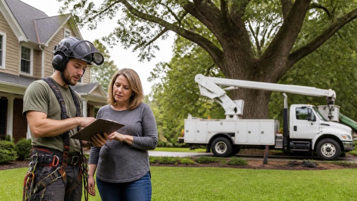 A tree care professional in safety gear reviewing a clipboard estimate with a homeowner in the front yard of a suburban home, with a large oak tree in the background