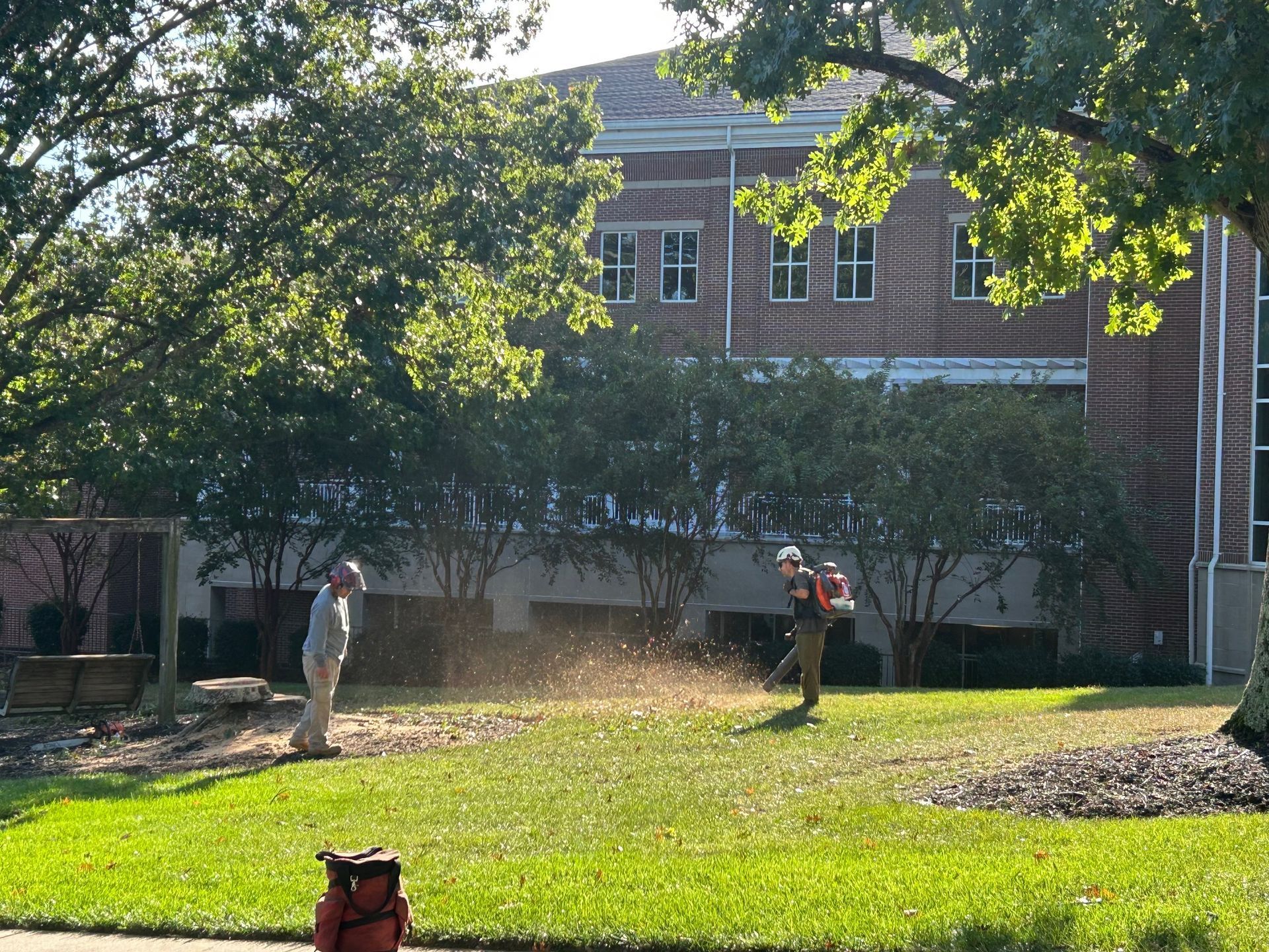 Two people watering a grassy lawn outside a brick building, with trees and sunlight overhead