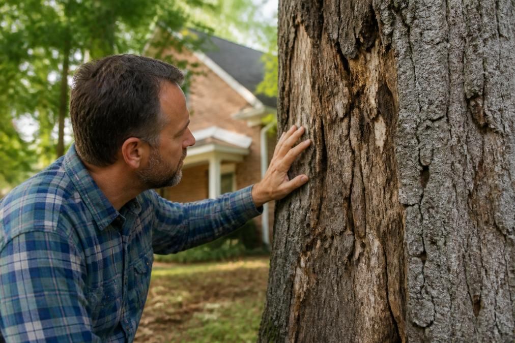 Homeowner inspecting peeling bark and cankers on diseased trees in a yard