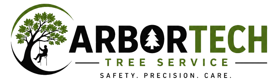 ARBRTECH Tree Service logo with green tree and black text, tagline "Safety. Precision. Care."