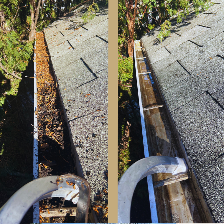 Gutter cleaning comparison: before (clogged with leaves) and after (empty and clean) on a roof.