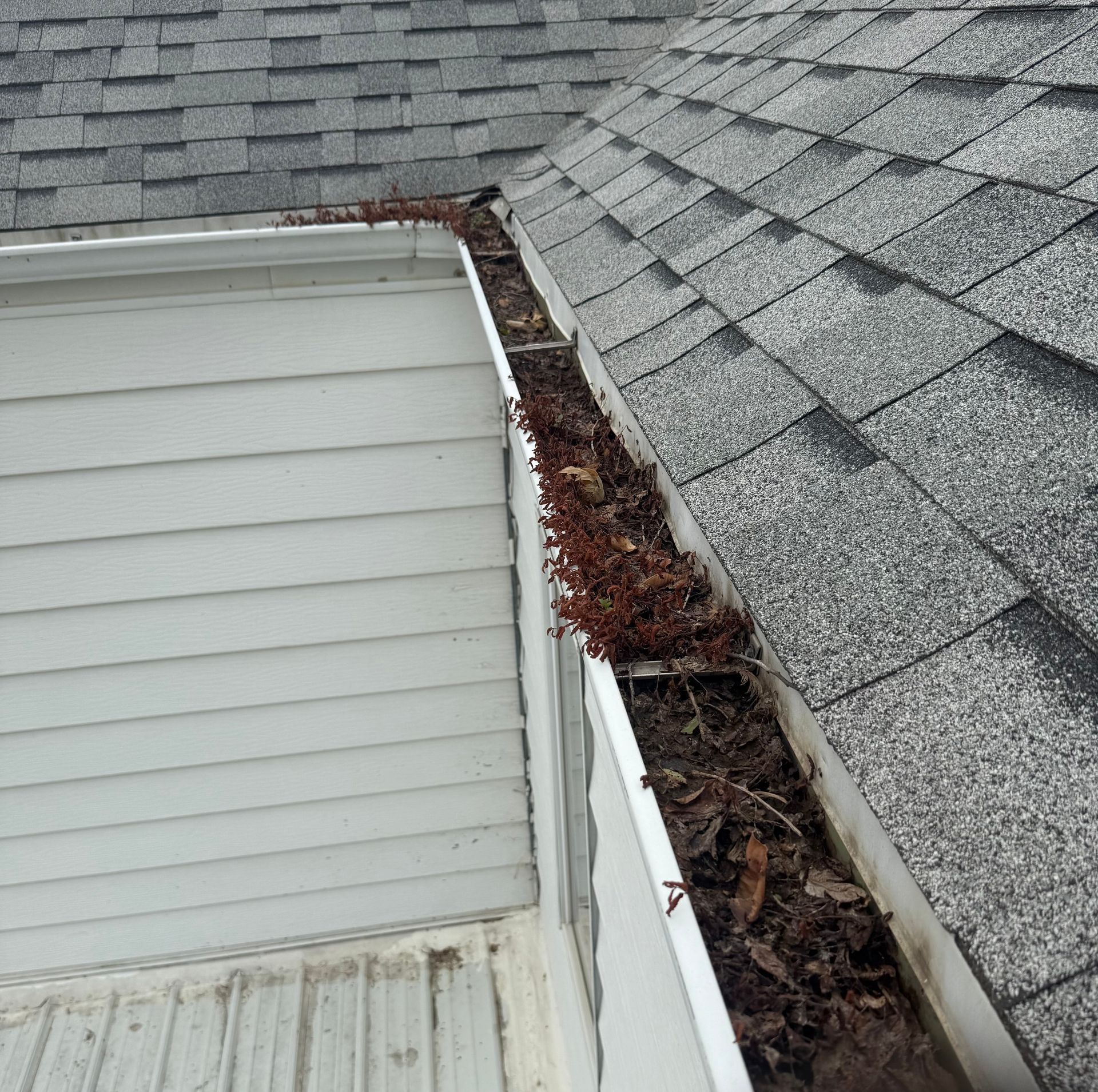 Overflowing gutter on a house roof filled with leaves and debris.