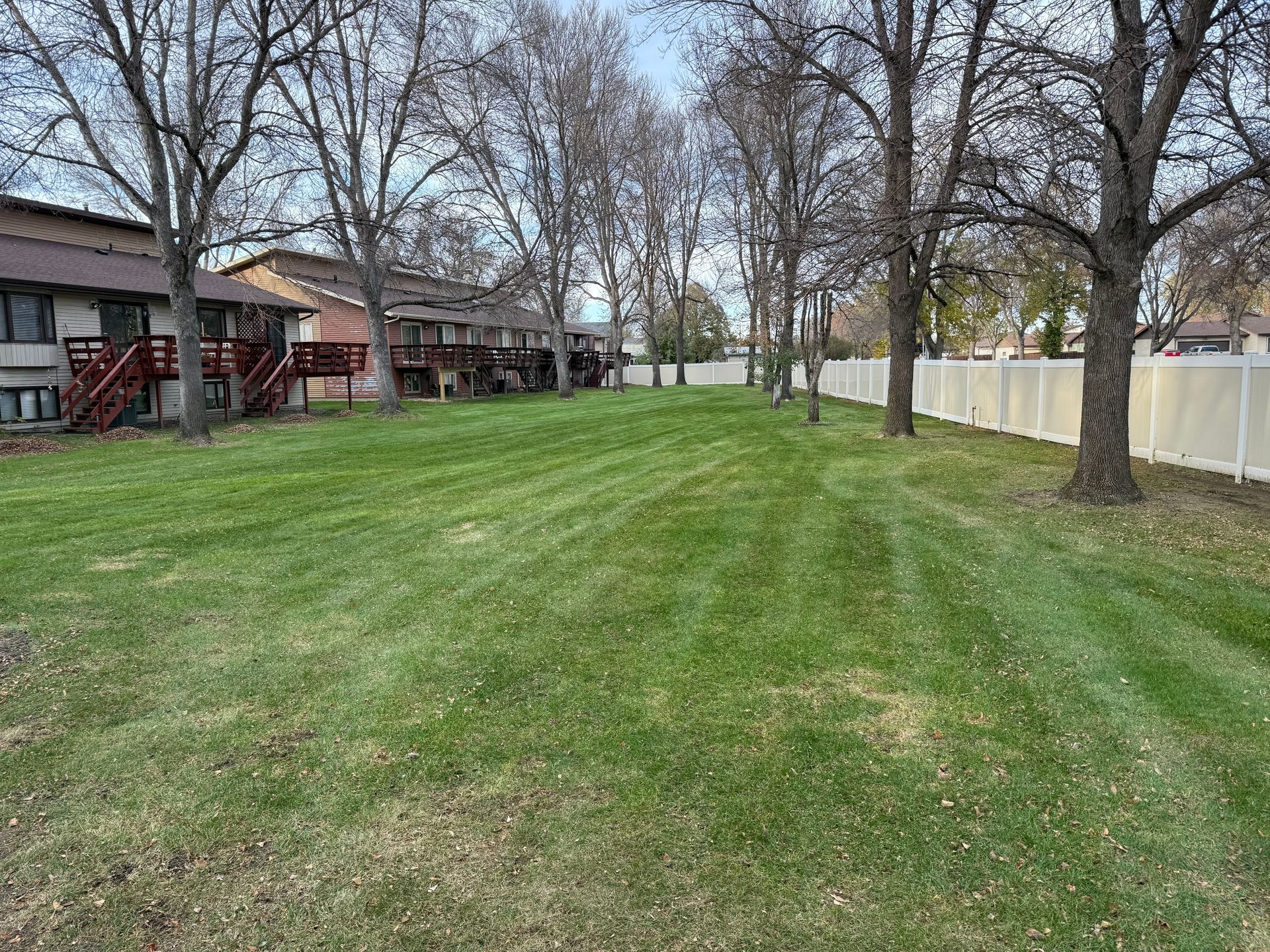 Lawn with cut grass, apartment buildings on the left, white fence on the right, and trees in a residential area.