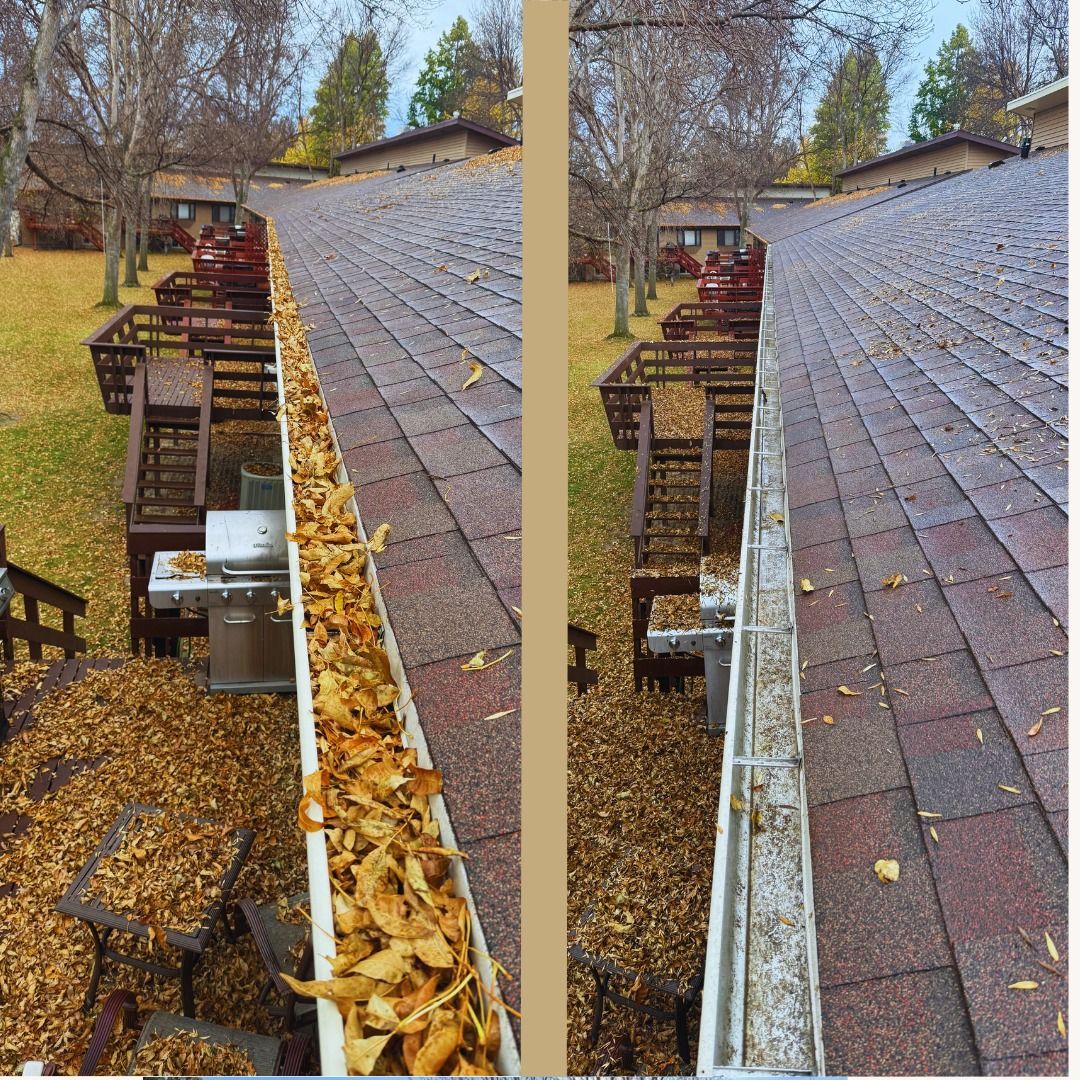 Comparison of a dirty gutter filled with leaves versus a cleaned gutter on a roof.