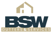Logo for BSW Gutters & Services, featuring a house graphic and the letters BSW in navy, with text "GUTTERS & SERVICES" below in tan.