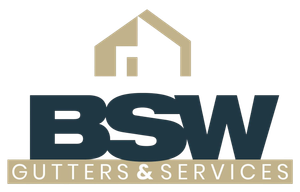 Logo for BSW Gutters & Services, featuring a house graphic and the letters BSW in navy, with text "GUTTERS & SERVICES" below in tan.