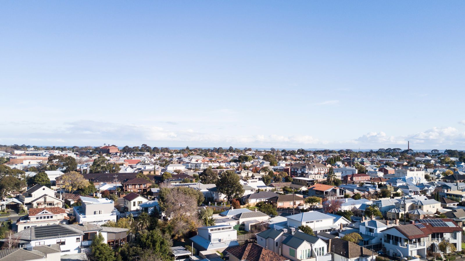 Aerial view of a suburban neighborhood with rows of houses, roads, and a background of trees and a distant horizon.