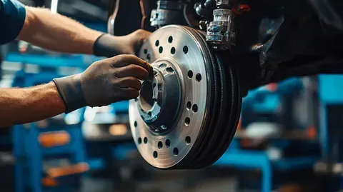 Mechanic tightening lug nuts on a car brake rotor in a workshop