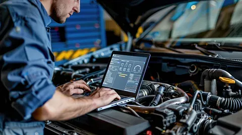Mechanic using a laptop to diagnose a car engine in an auto repair shop