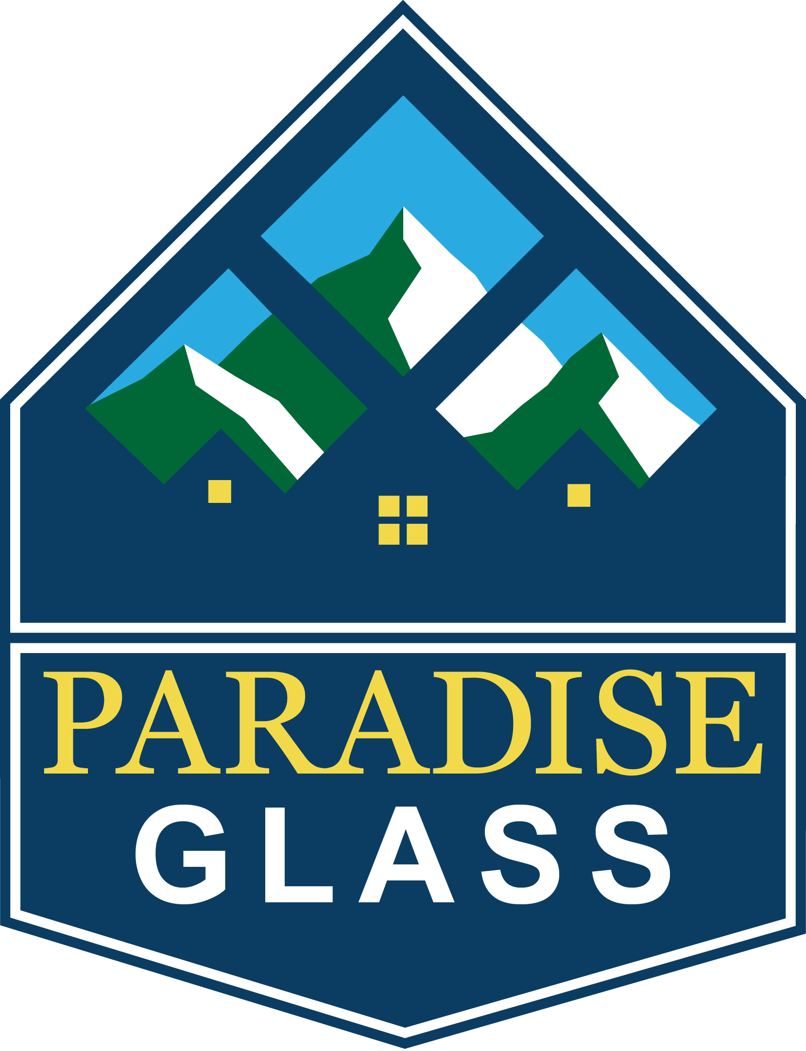 Logo for Paradise CB Glass featuring a mountain landscape in a blue and white diamond, with the company name in gold.