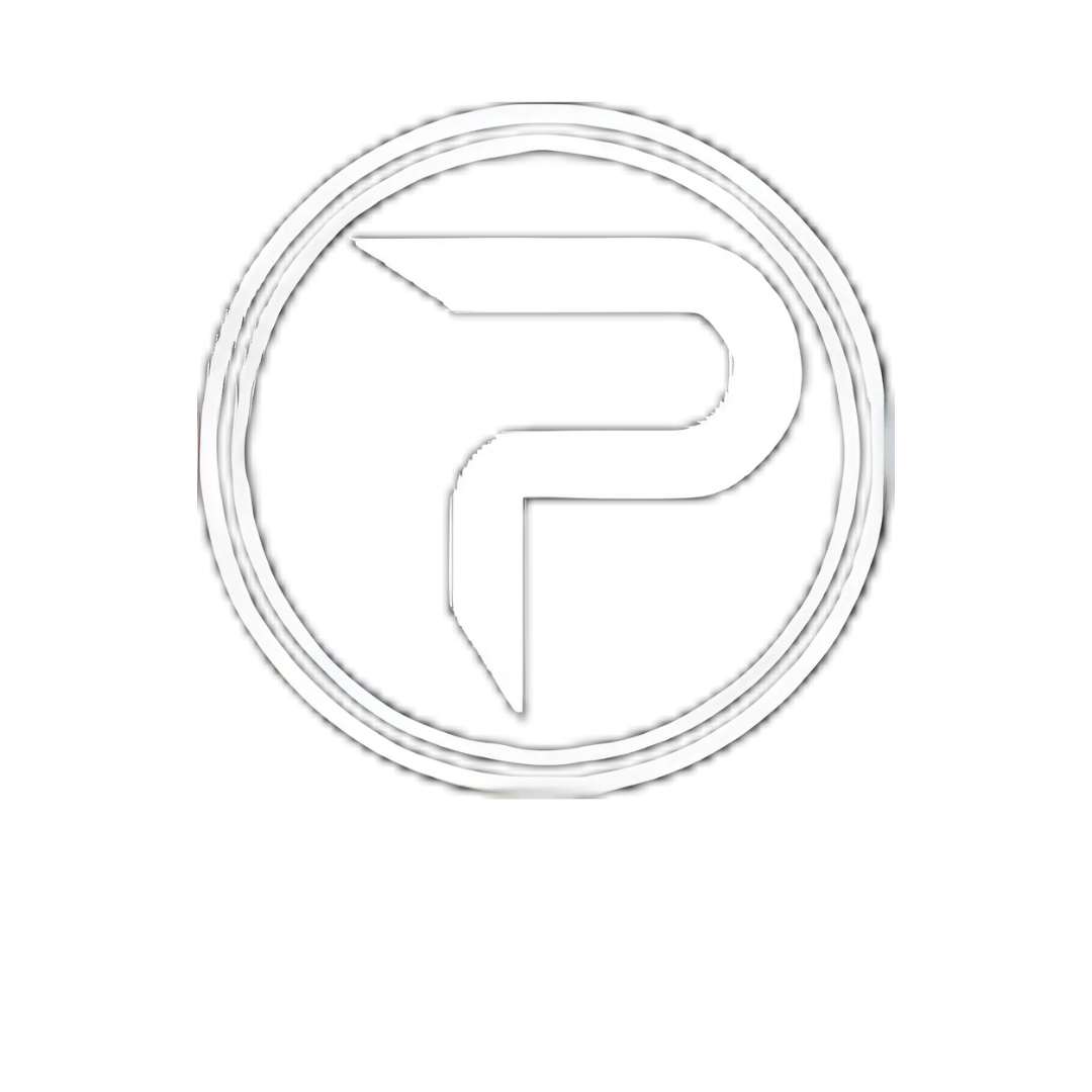 A black circular logo on a white background featuring a stylized, geometric letter P formed by sharp, angular lines.