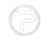 A black circular logo on a white background featuring a stylized, geometric letter P formed by sharp, angular lines.