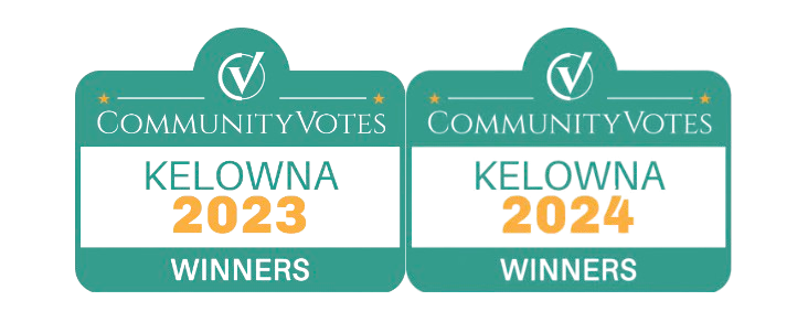 CommunityVotes Kelowna winners badges for 2023 and 2024.