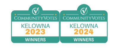CommunityVotes Kelowna winners badges for 2023 and 2024.