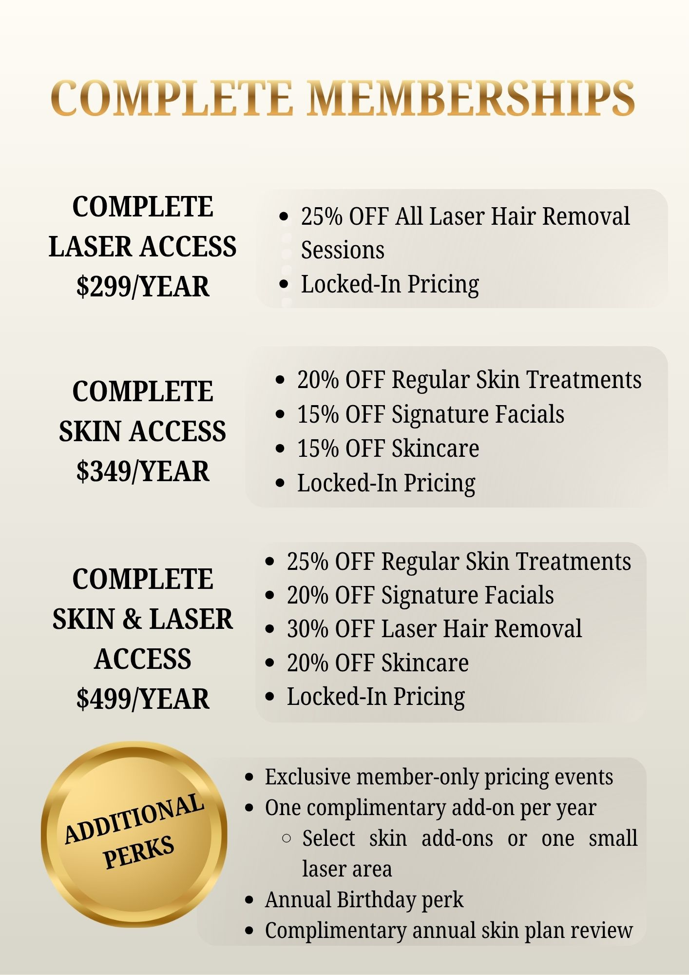 Membership plan menu listing benefits and annual pricing for Laser, Skin, and combined access packages on a cream background.