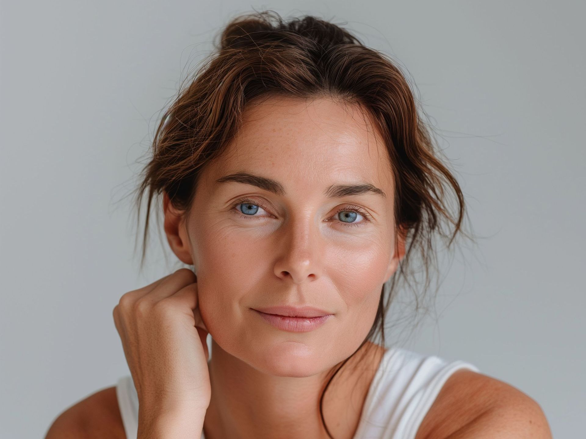 A close up of a woman 's face with her hand on her chin.