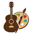 Acoustic guitar and artist's palette with a paintbrush, representing the arts.