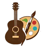 Acoustic guitar and artist's palette with a paintbrush, representing the arts.