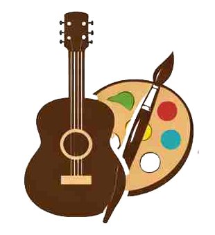 Acoustic guitar and artist's palette with a paintbrush, representing the arts.